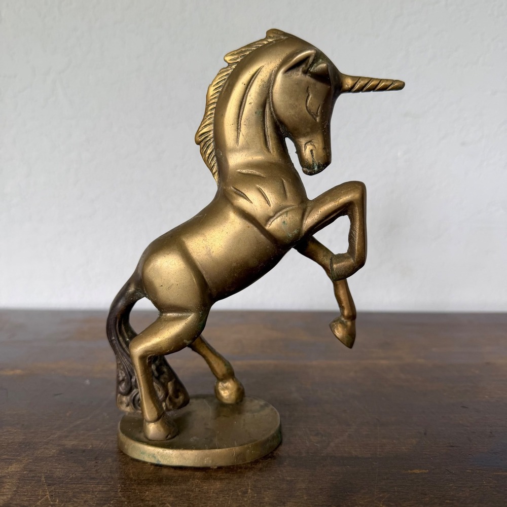 Vintage 1970s Solid Brass Standing Unicorn Fantasy Mythical Uncleaned Patina MCM